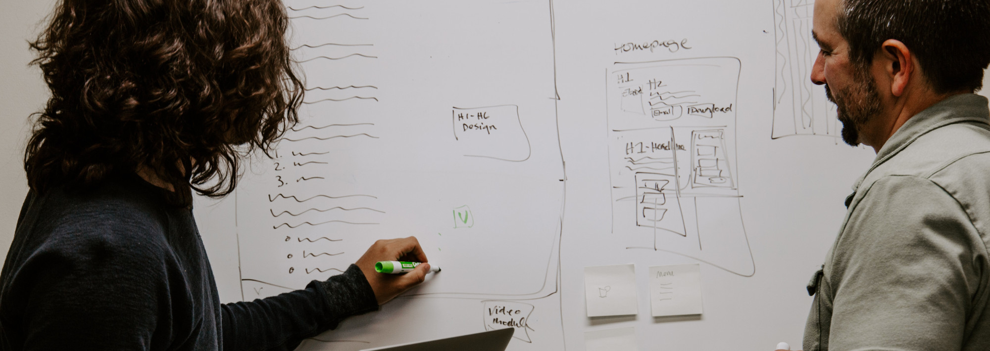 Two people at a whiteboard. One of them is writing on the board.