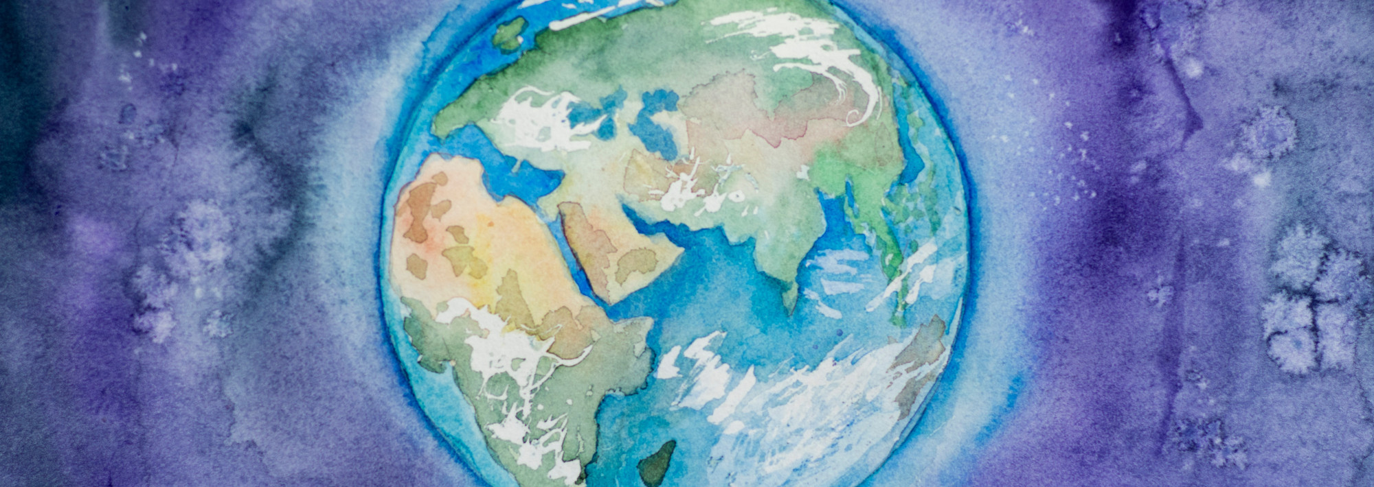 A watercolor painting of the Earth, centered on Africa and Asia, on a blue/purple background.