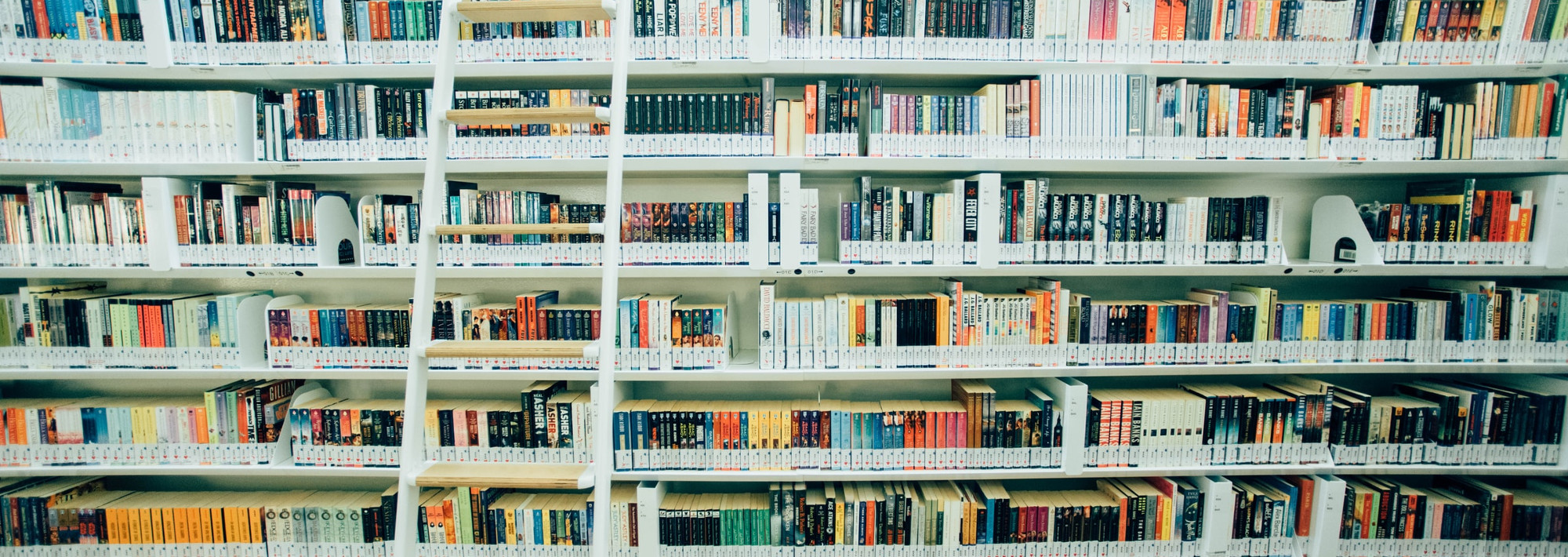 A ladder propped up against shelves of books.